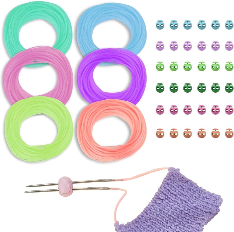 GeryVtee Cord Lock Kit Knitting Stitches Holder Barber Cord Stitch Markers Knit Stiches Keeper 36 Pcs Silicone Stitch Holders & 6 Rolls Round Barber Cords for Knitting Projects - Image 1